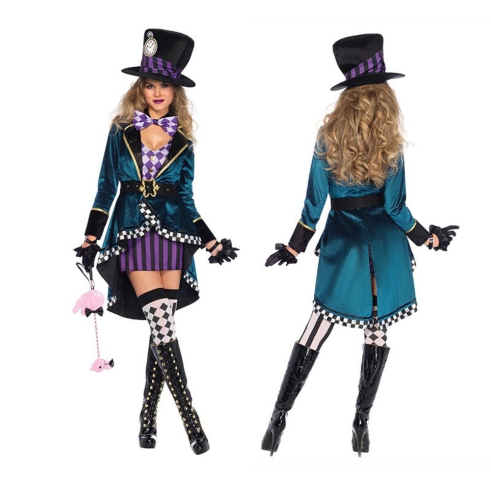 COSTUME WOMANS MAD HATTER LEG AVEMUE DELIGHTFUL HATTER COSTUME BLACK AND PURPLE